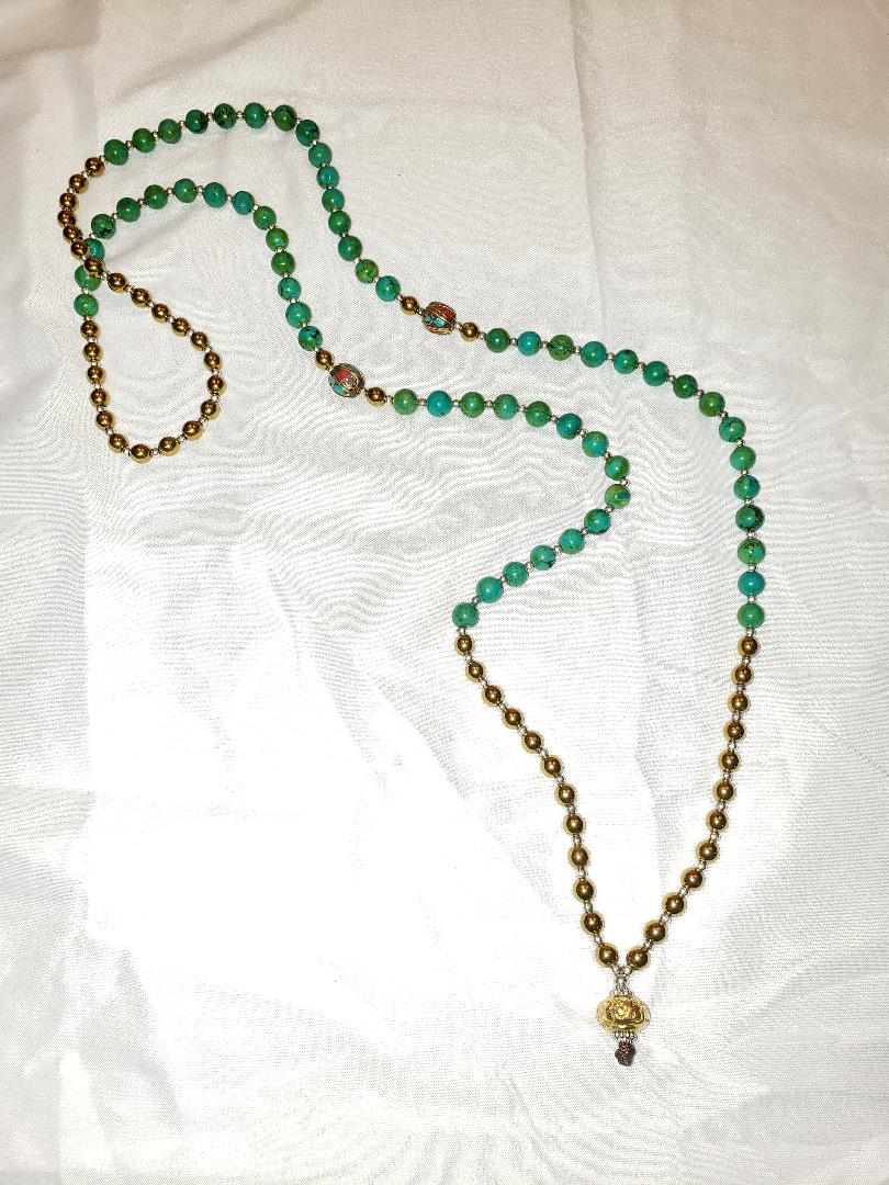Turquoise, Pyrite, jasper 108 beaded necklace